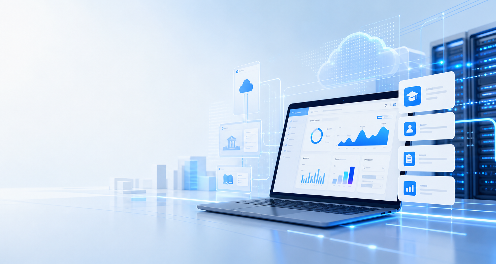 Dashboard teknologi modern dengan visual cloud dan sistem informasi